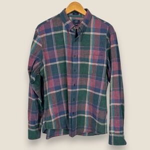 J. Crew Homespun Slim Fit Button Shirt Men Large Green Maroon Plaid 100% Cotton